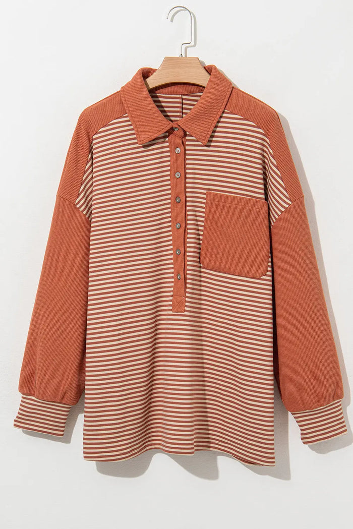 Red Stripe Textured Patched Drop Shoulder Buttoned Plus Size Sweatshirt - Size/Plus Sweatshirts & Hoodies