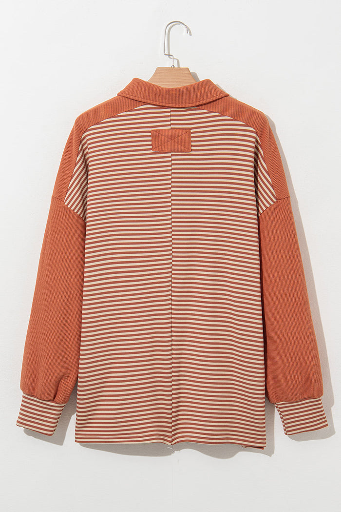 Red Stripe Textured Patched Drop Shoulder Buttoned Plus Size Sweatshirt - Size/Plus Sweatshirts & Hoodies