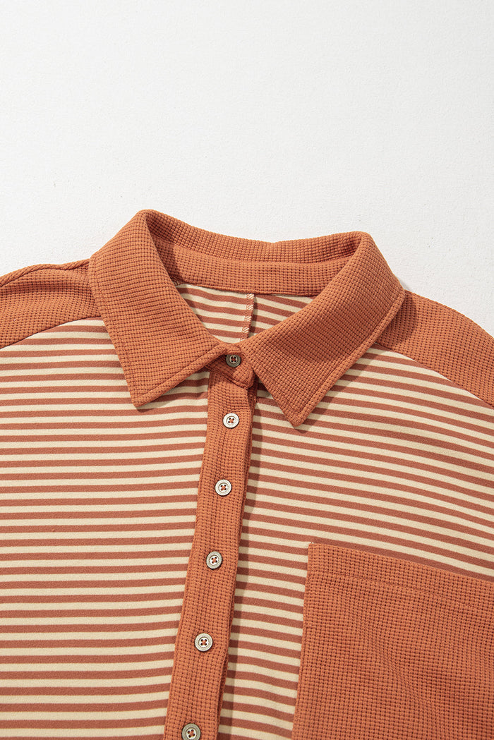 Red Stripe Textured Patched Drop Shoulder Buttoned Plus Size Sweatshirt - Size/Plus Sweatshirts & Hoodies