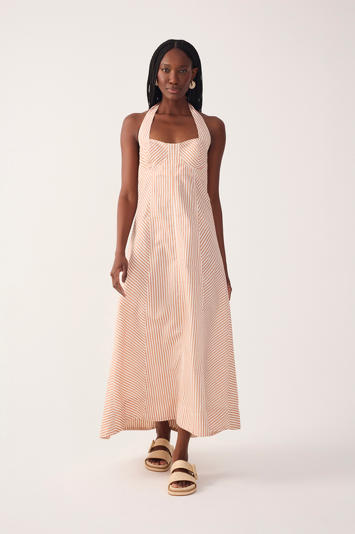 Red Stripes Topstitching Twill Cotton Maxi Dress_2