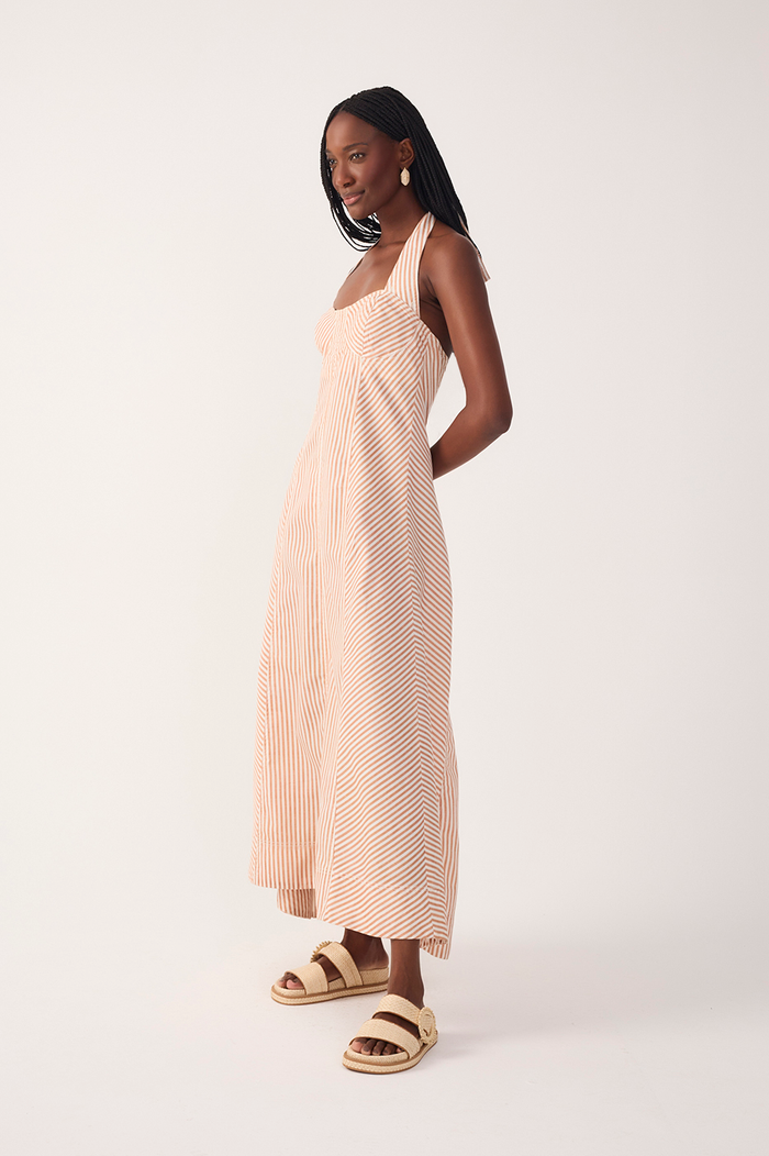 Red Stripes Topstitching Twill Cotton Maxi Dress_3