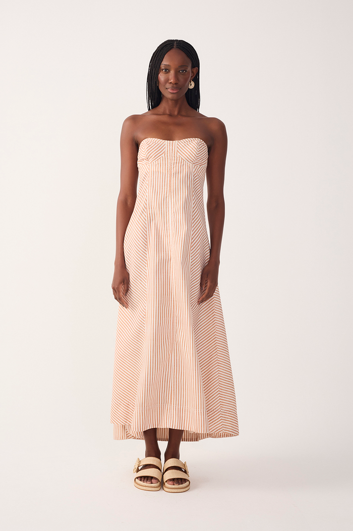 Red Stripes Topstitching Twill Cotton Maxi Dress_6