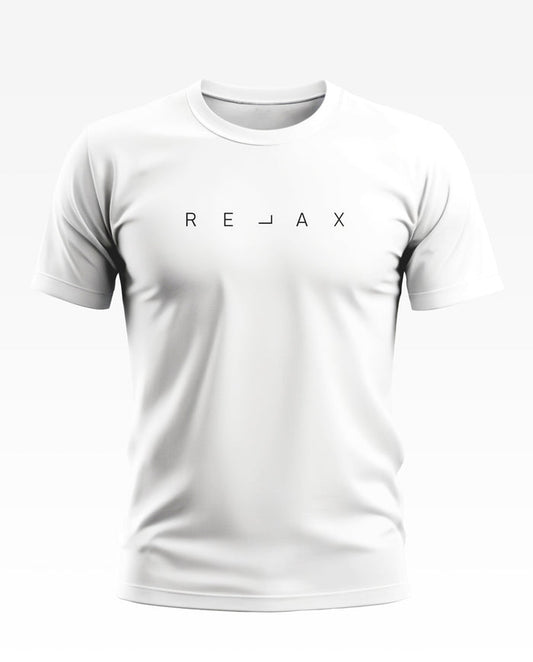 White men's t-shirt with 'RELAX' minimalist print, crew neck, casual fit.