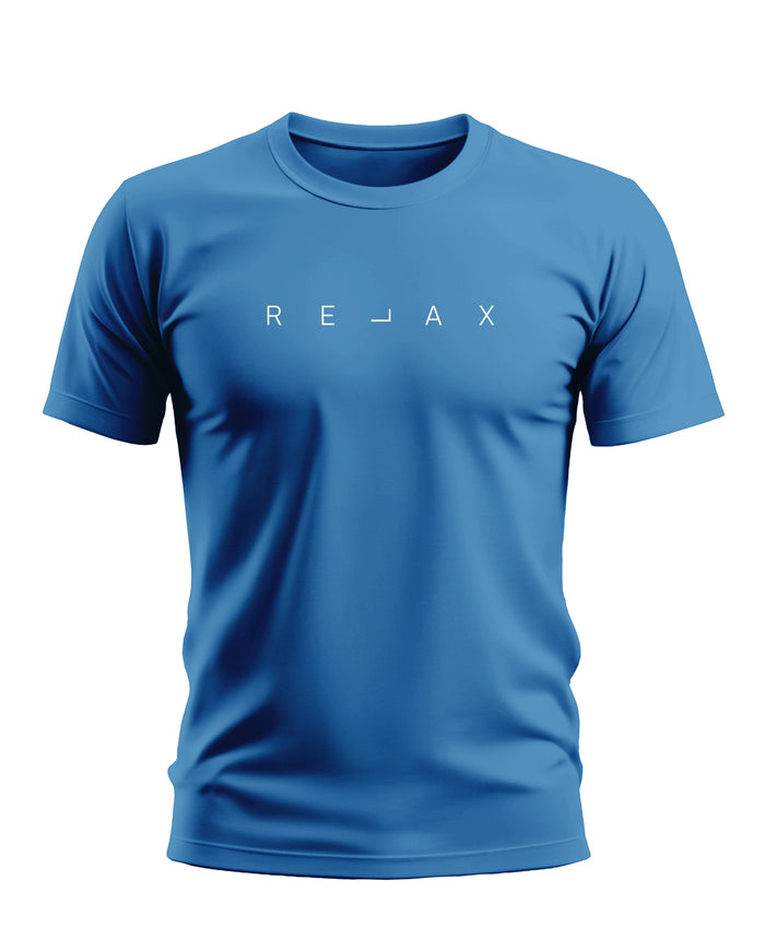 Blue men's t-shirt with 'RELAX' text graphic, short sleeves, front view on plain background