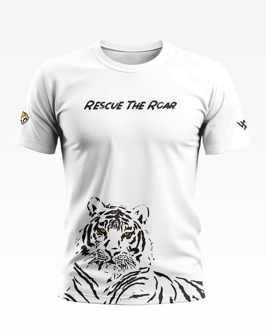 White men's t-shirt with 'Rescue The Roar' text and black tiger graphic on front