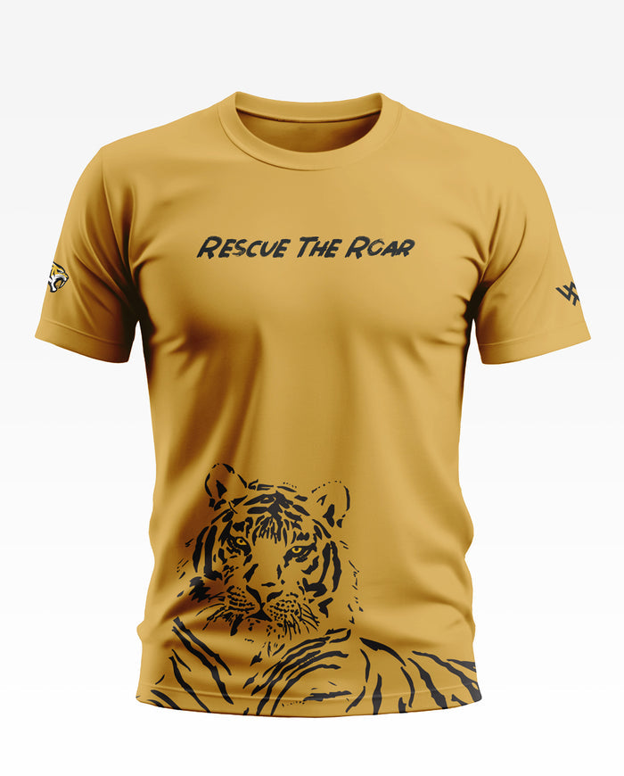 Yellow men's t-shirt with 'Rescue The Roar' text and black tiger graphic, short sleeves