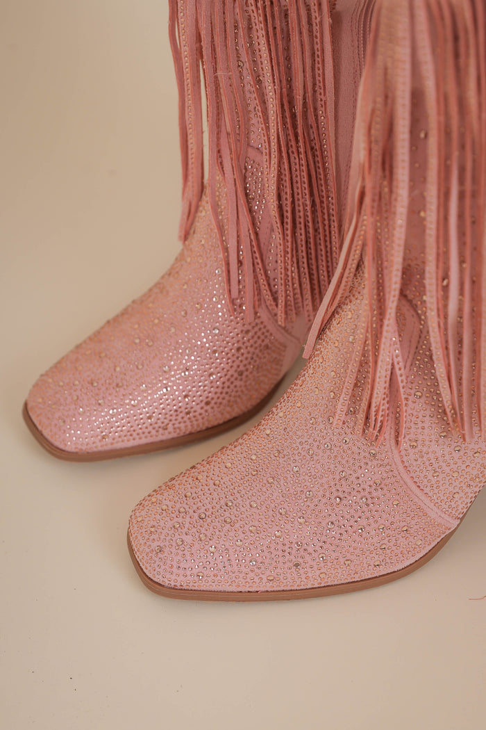 Women's Pink Rhinestone Fringe Boots- Tall Rhinestone Fringe Boots- Pierre Dumas Rhinestone Pink Boots