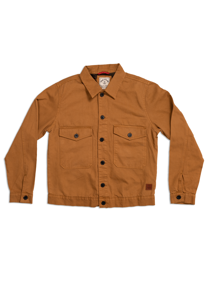 Brown canvas jacket with button front, two chest pockets, and a collar, displayed on a white background.