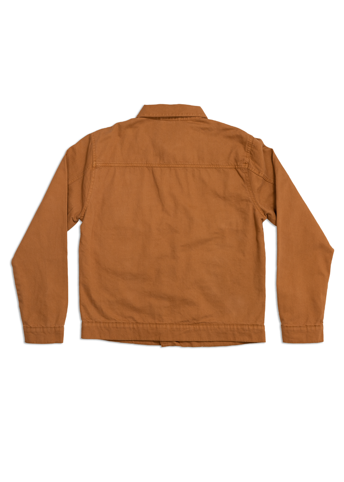 Brown jacket shown from the back, featuring long sleeves and a collar, displayed on a white background.