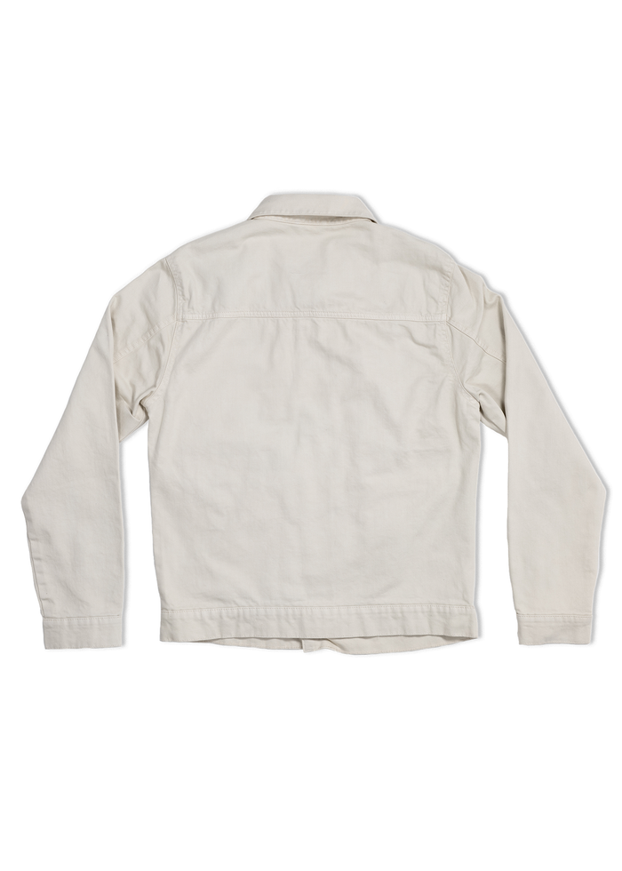 Back view of a plain, beige long-sleeve jacket with a collar, displayed on a white background.