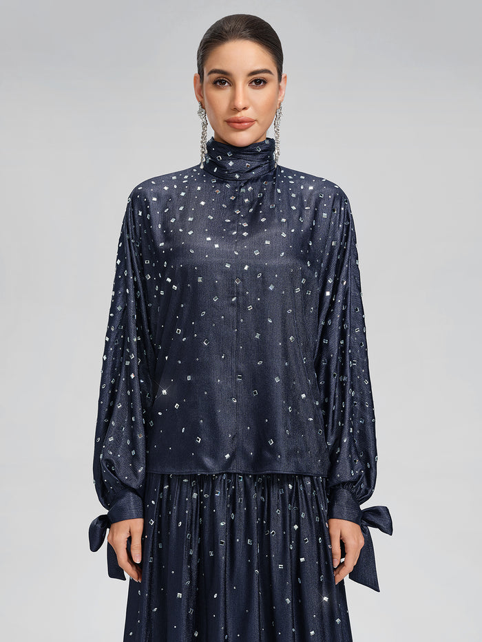 Rhinestone High Neck Satin Top
