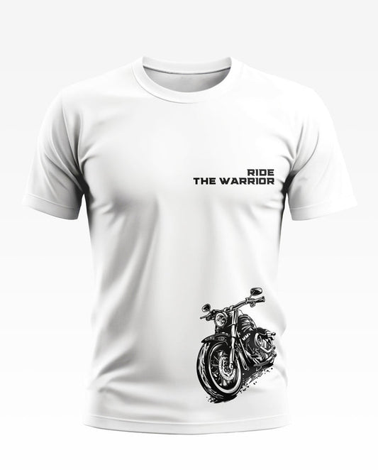 White men's t-shirt with 'Ride The Warrior' text and black motorcycle graphic print