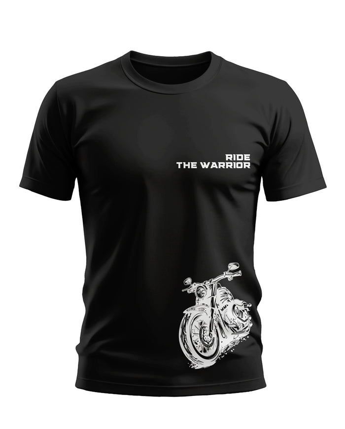 Black men's t-shirt with white 'Ride The Warrior' text and motorcycle graphic print.