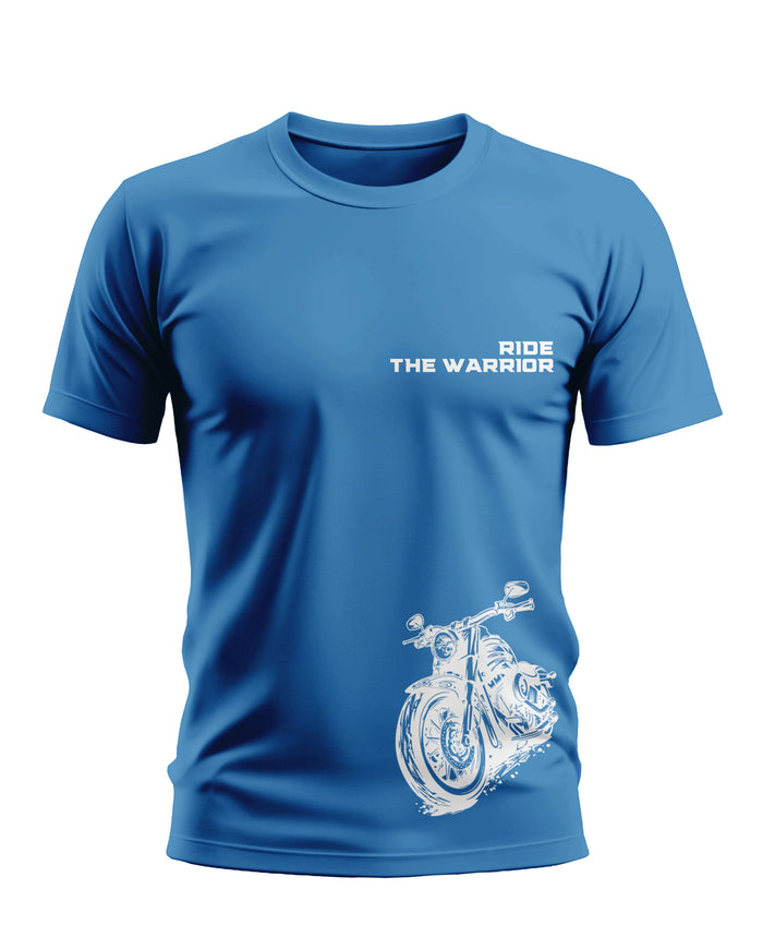 Blue men's t-shirt with 'Ride The Warrior' text and white motorcycle graphic print