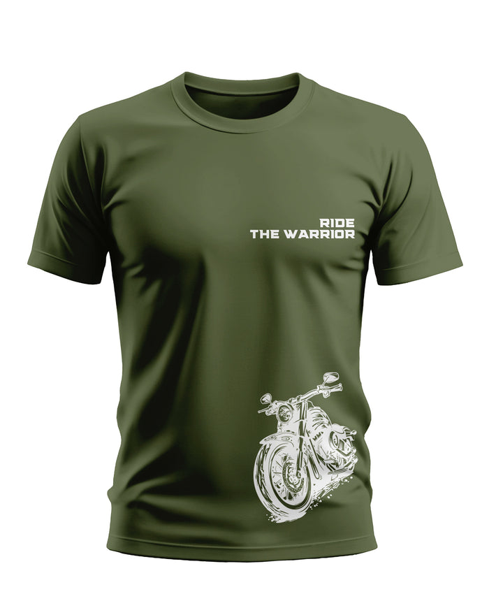Olive green men's T-shirt with 'Ride The Warrior' text and white motorcycle graphic print