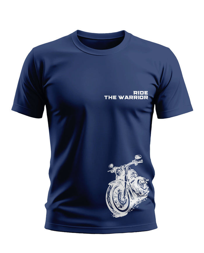 Navy blue men's t-shirt with 'Ride The Warrior' text and white motorcycle graphic print