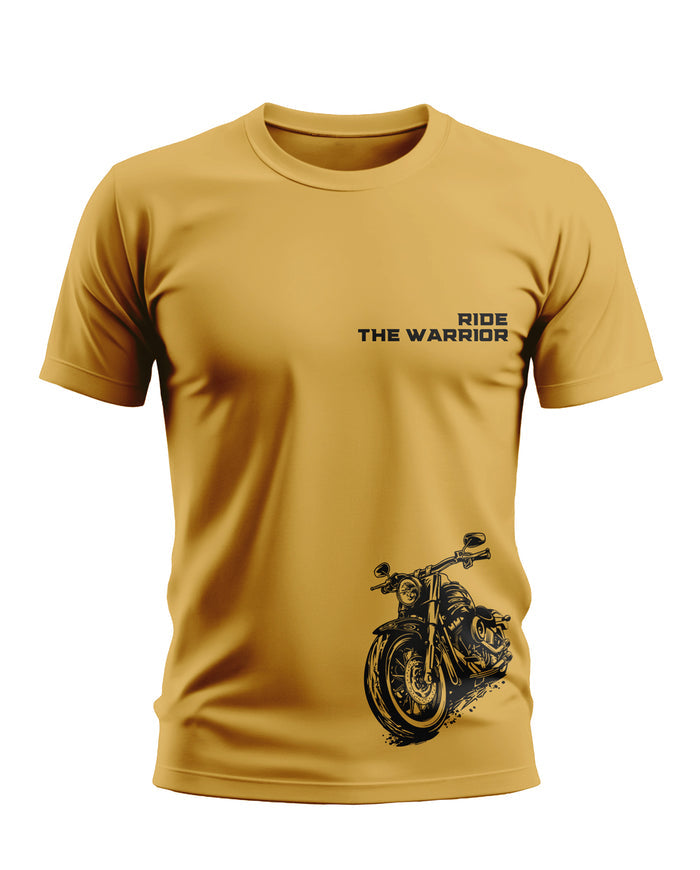 Yellow men's t-shirt with 'Ride The Warrior' text and black motorcycle graphic print