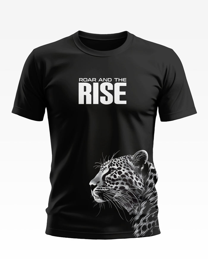 Black men's t-shirt with 'Roar and the Rise' text and white leopard graphic design.