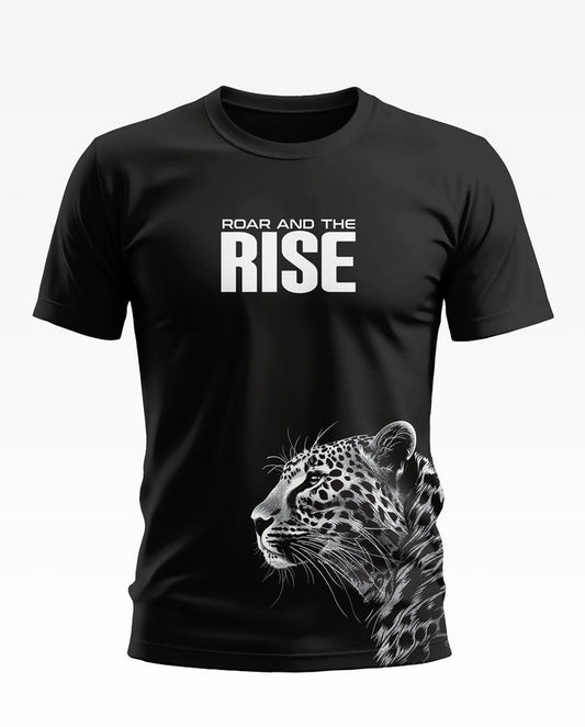 Black men's t-shirt with 'Roar and the Rise' text and white leopard graphic design.