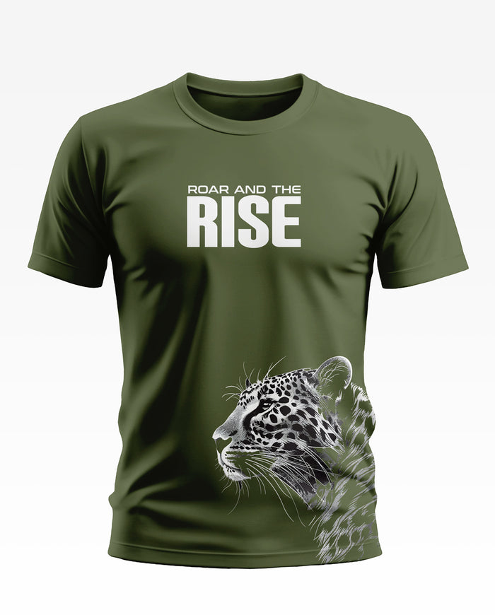 Olive green men's t-shirt with 'Roar and the Rise' text and leopard graphic print