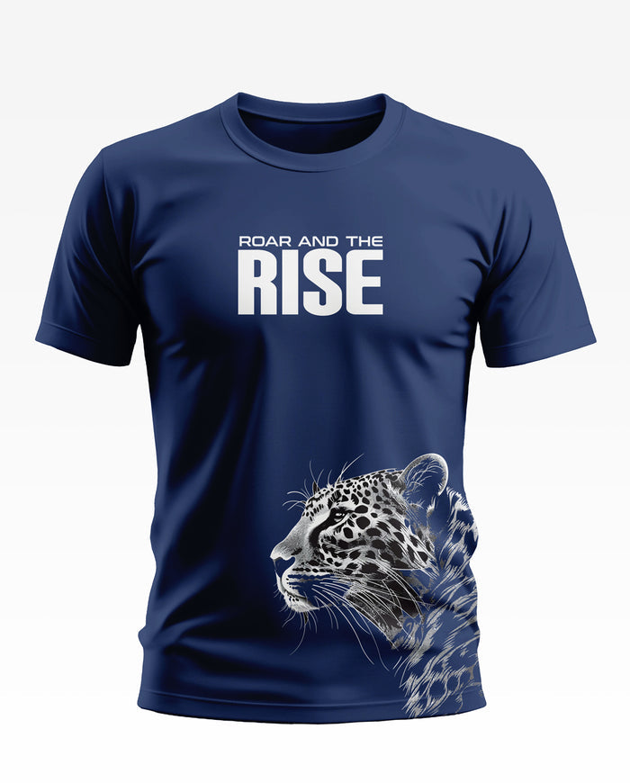 Navy blue men's t-shirt with 'Roar and the Rise' text and a graphic leopard head print.