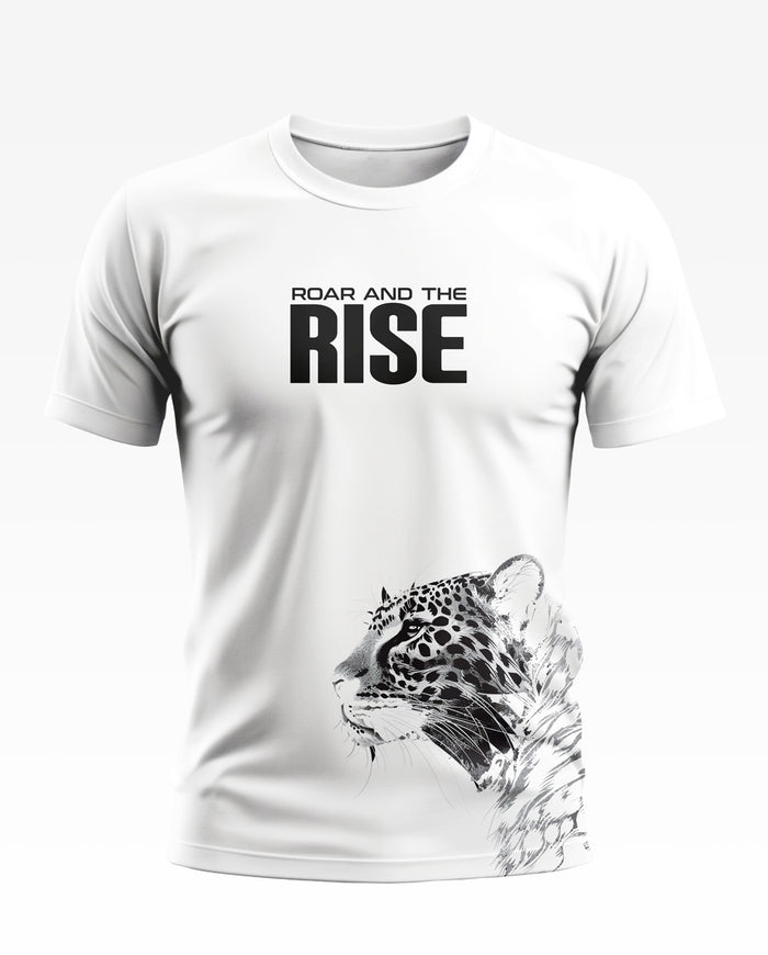 White men's t-shirt with 'ROAR AND THE RISE' text and a black leopard graphic print
