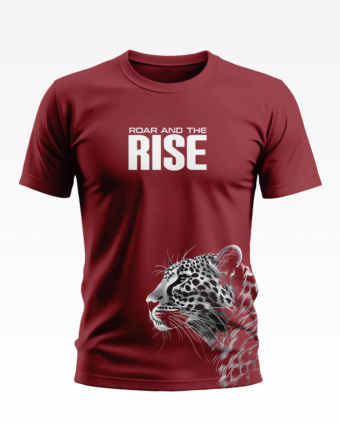 Maroon men's t-shirt with 'Roar and the Rise' text and a graphic leopard head print