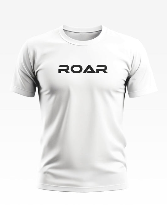 White men's t-shirt with bold black 'ROAR' text on chest, crew neck, short sleeves