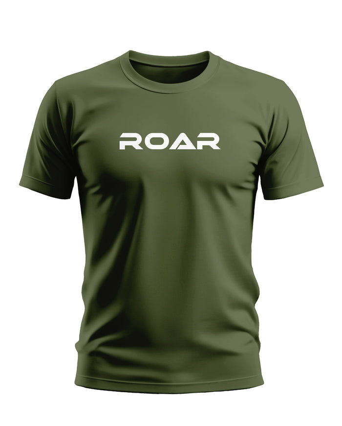 Olive green men's t-shirt with ROAR text in white, short sleeves, crew neck