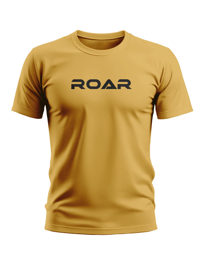 Yellow men's t-shirt with bold black ROAR text graphic on chest, short sleeves, plain background