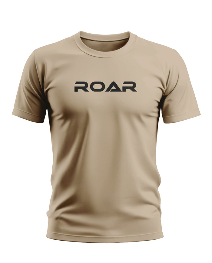 Beige men's t-shirt with ROAR text in bold black letters, short sleeves, front view