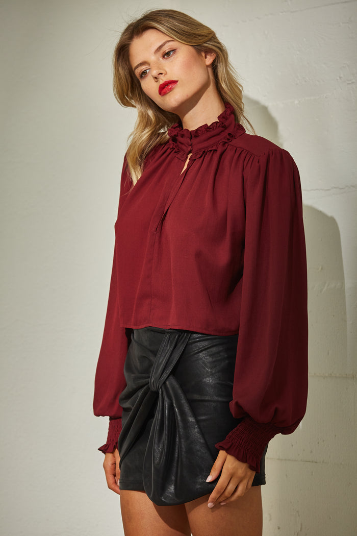 Ruffle Neck Long Sleeve Chiffon Blouse - Black