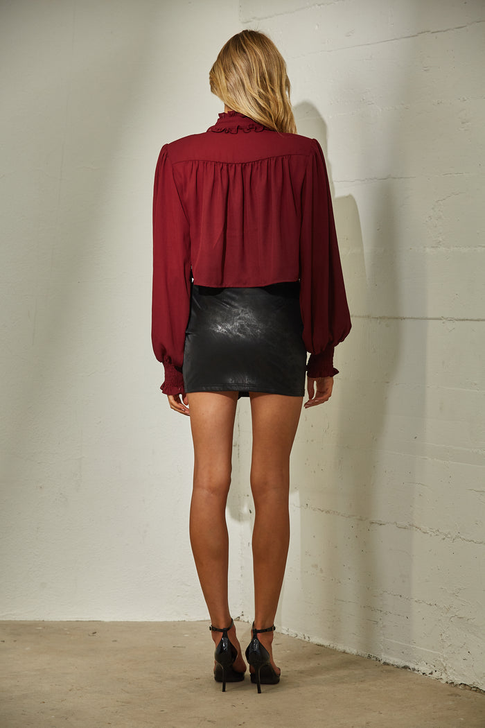 Ruffle Neck Long Sleeve Chiffon Blouse - Black