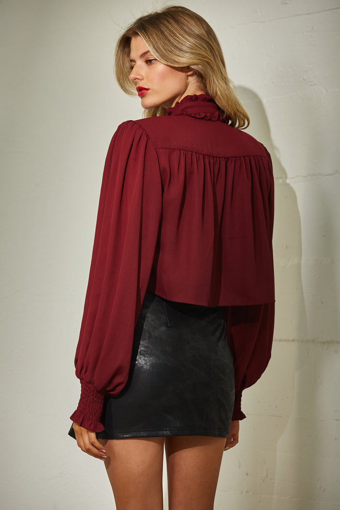 Ruffle Neck Long Sleeve Chiffon Blouse - Black