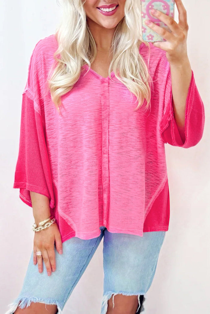 Sachet Pink Contrast Patchwork 3/4 Sleeve V Neck Loose Blouse - S / 70% Polyester + 30% Cotton - Tops/Blouses & Shirts
