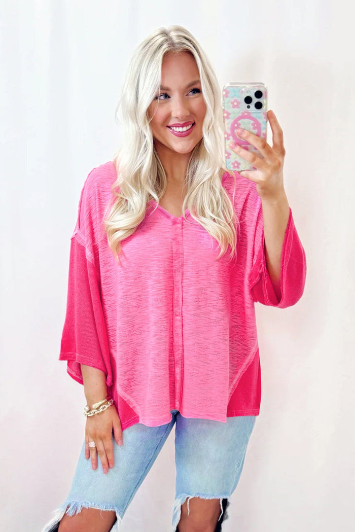 Sachet Pink Contrast Patchwork 3/4 Sleeve V Neck Loose Blouse - Tops/Blouses & Shirts