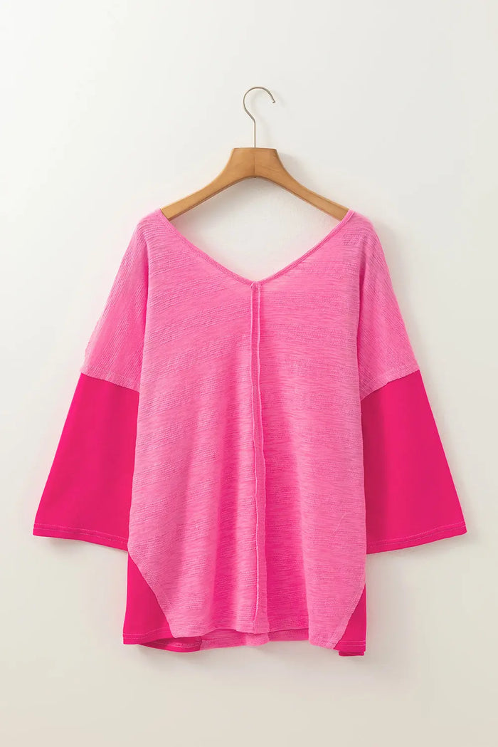 Sachet Pink Contrast Patchwork 3/4 Sleeve V Neck Loose Blouse - Tops/Blouses & Shirts
