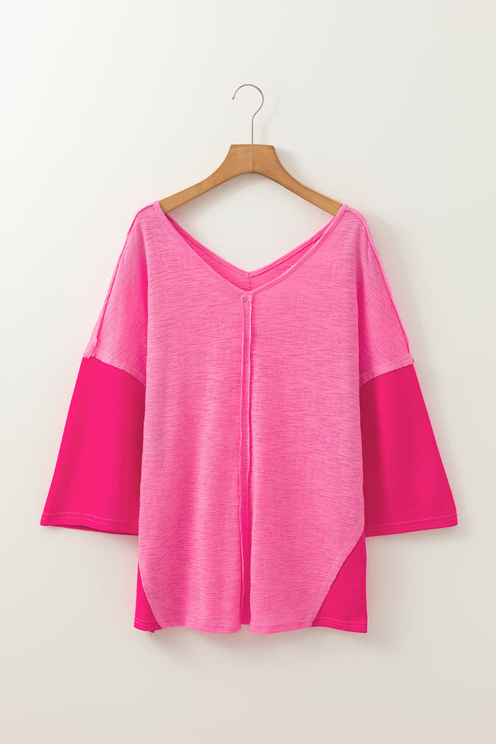 Sachet Pink Contrast Patchwork 3/4 Sleeve V Neck Loose Blouse - Tops/Blouses & Shirts