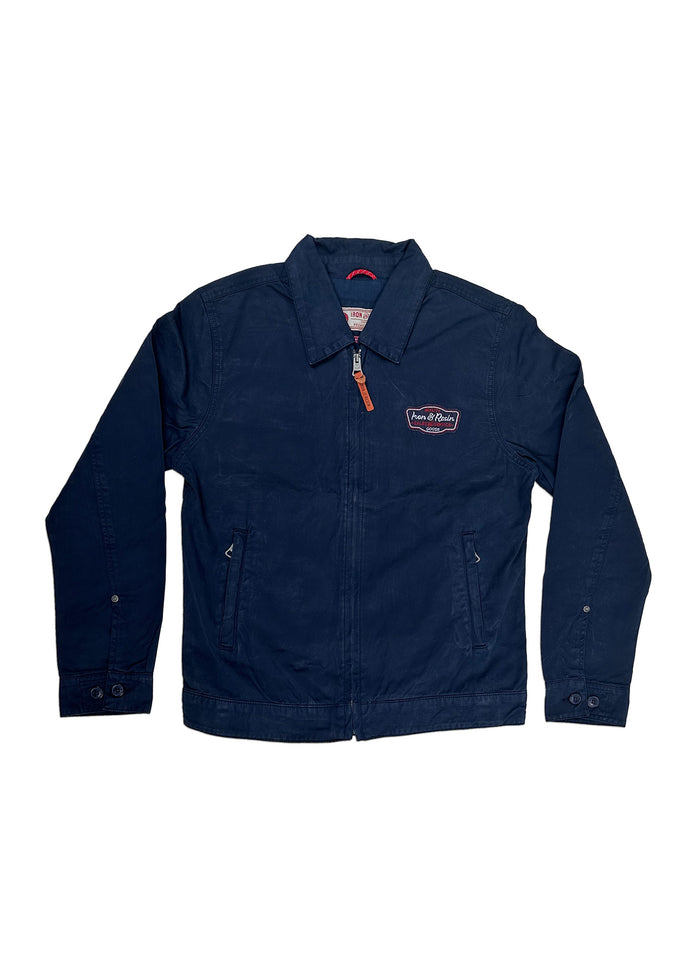 Navy blue jacket with a front zipper, two pockets, and a logo patch on the chest. Simple, casual design for everyday wear.
