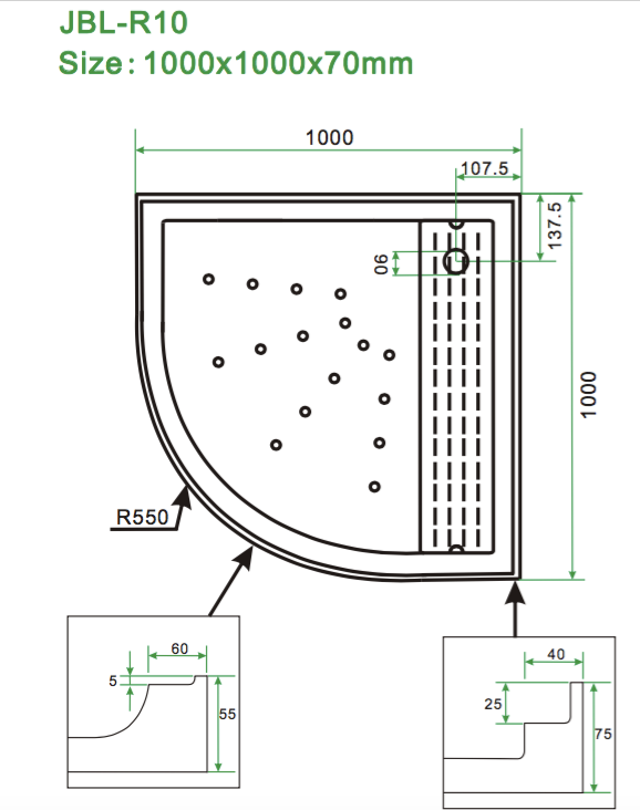 Shower Tray - High Flow Waste & Stainless Steel Grate Cover 1000x1000mm