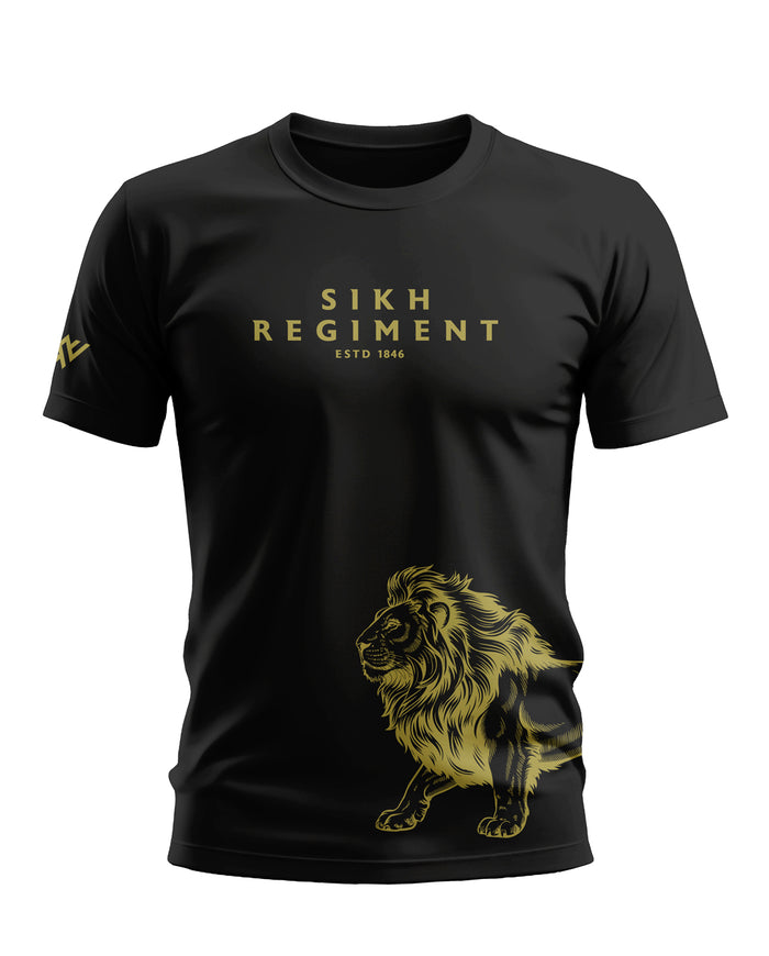 Black men's t-shirt with gold 'Sikh Regiment ESTD 1846' text and lion graphic, military fashion style