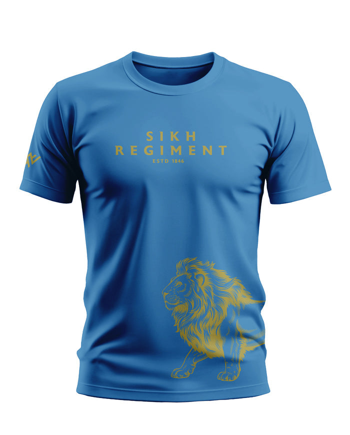 Blue men's t-shirt with 'SIKH REGIMENT' text and gold lion graphic, army-inspired design