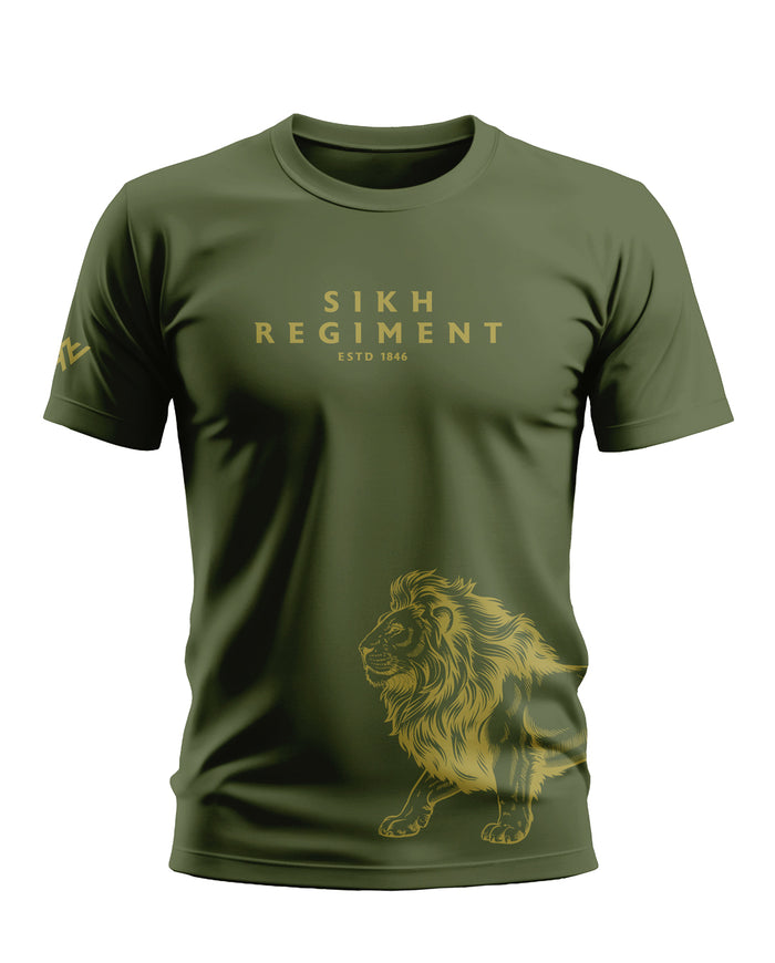 Olive green men's t-shirt with 'Sikh Regiment' text and lion graphic, military style