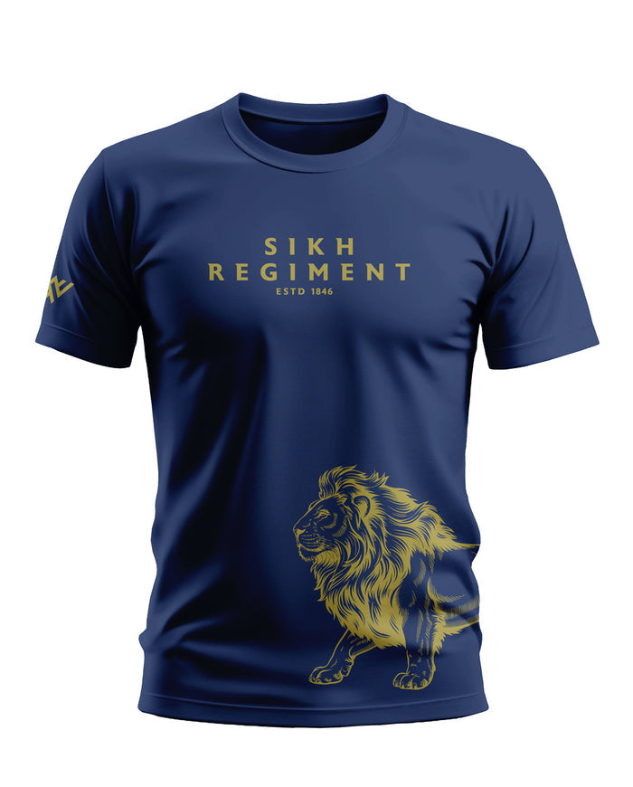 Navy blue men's t-shirt with Sikh Regiment text and lion graphic in yellow print