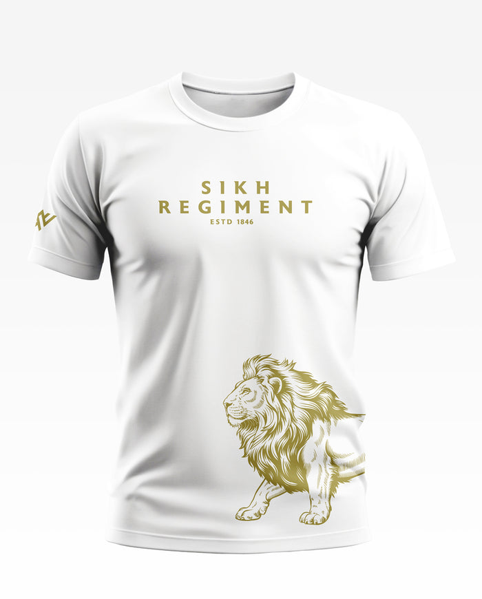 White men's t-shirt with Sikh Regiment text and gold lion graphic, military-inspired design
