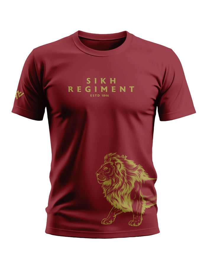 Maroon men's t-shirt with 'SIKH REGIMENT' and lion graphic in yellow print, military-inspired style