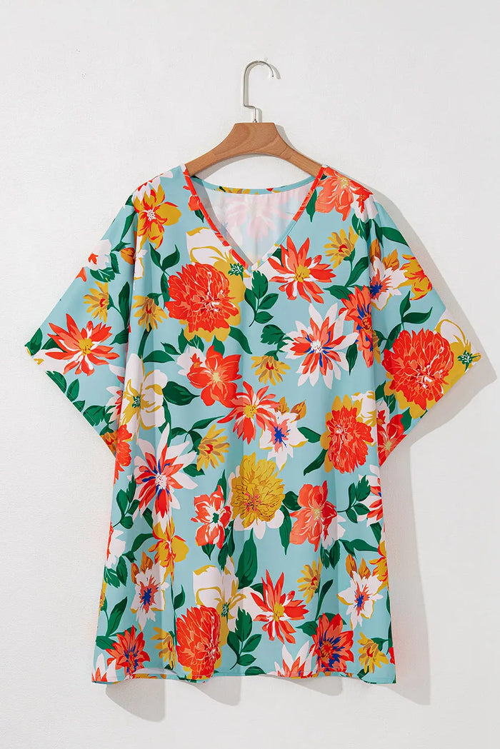 Sky Blue Plus Size Floral Print V Neck Batwing Sleeve Blouse - 1X / 100% Polyester - Size/Plus Tops/Plus Blouses &