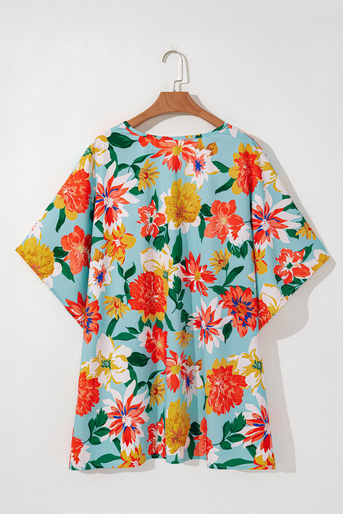 Sky Blue Plus Size Floral Print V Neck Batwing Sleeve Blouse - Size/Plus Tops/Plus Blouses & Shirts
