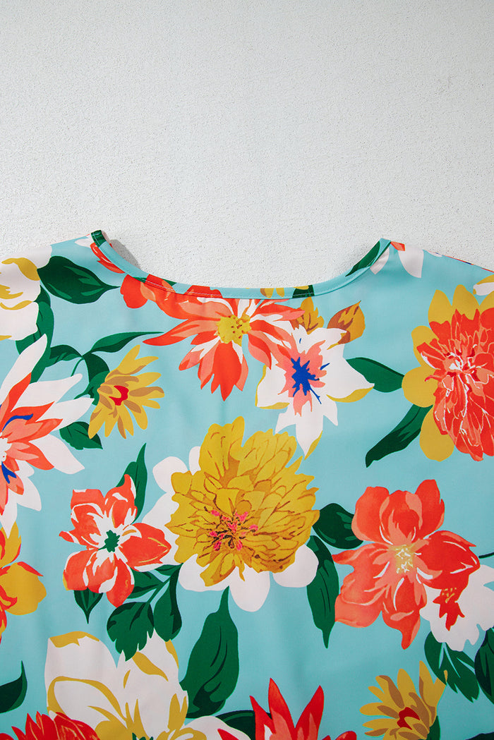 Sky Blue Plus Size Floral Print V Neck Batwing Sleeve Blouse - Size/Plus Tops/Plus Blouses & Shirts