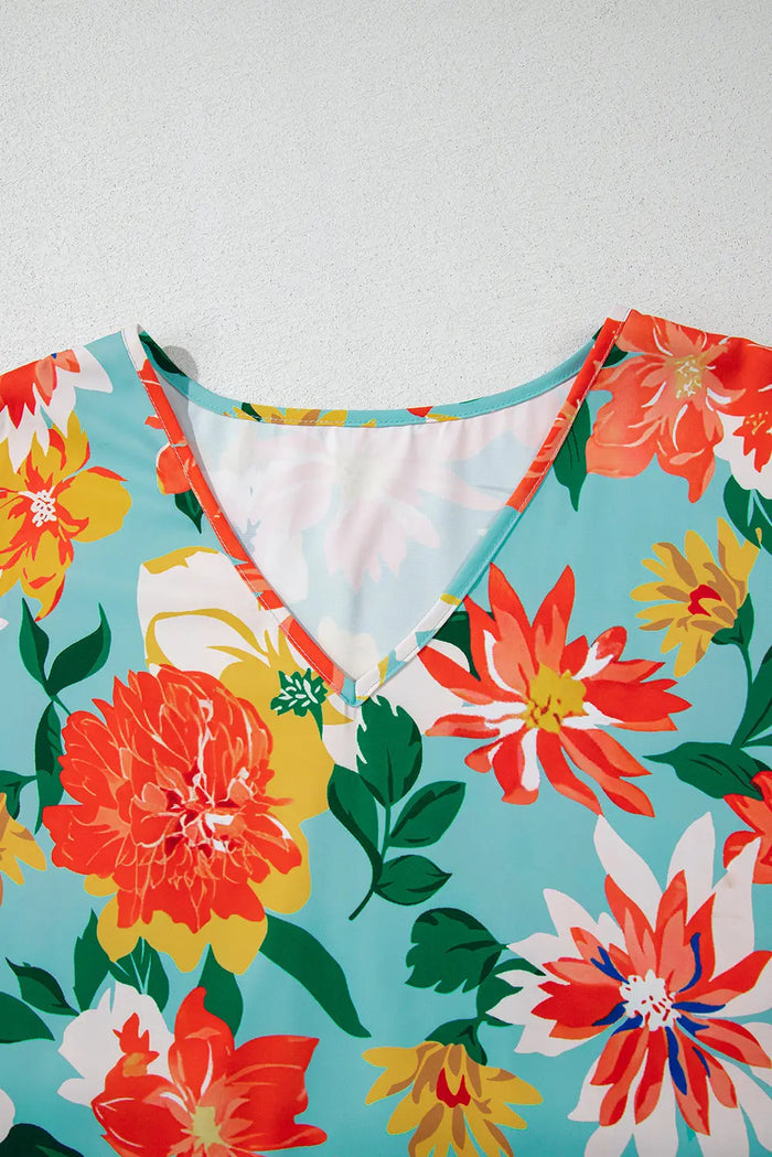 Sky Blue Plus Size Floral Print V Neck Batwing Sleeve Blouse - Size/Plus Tops/Plus Blouses & Shirts